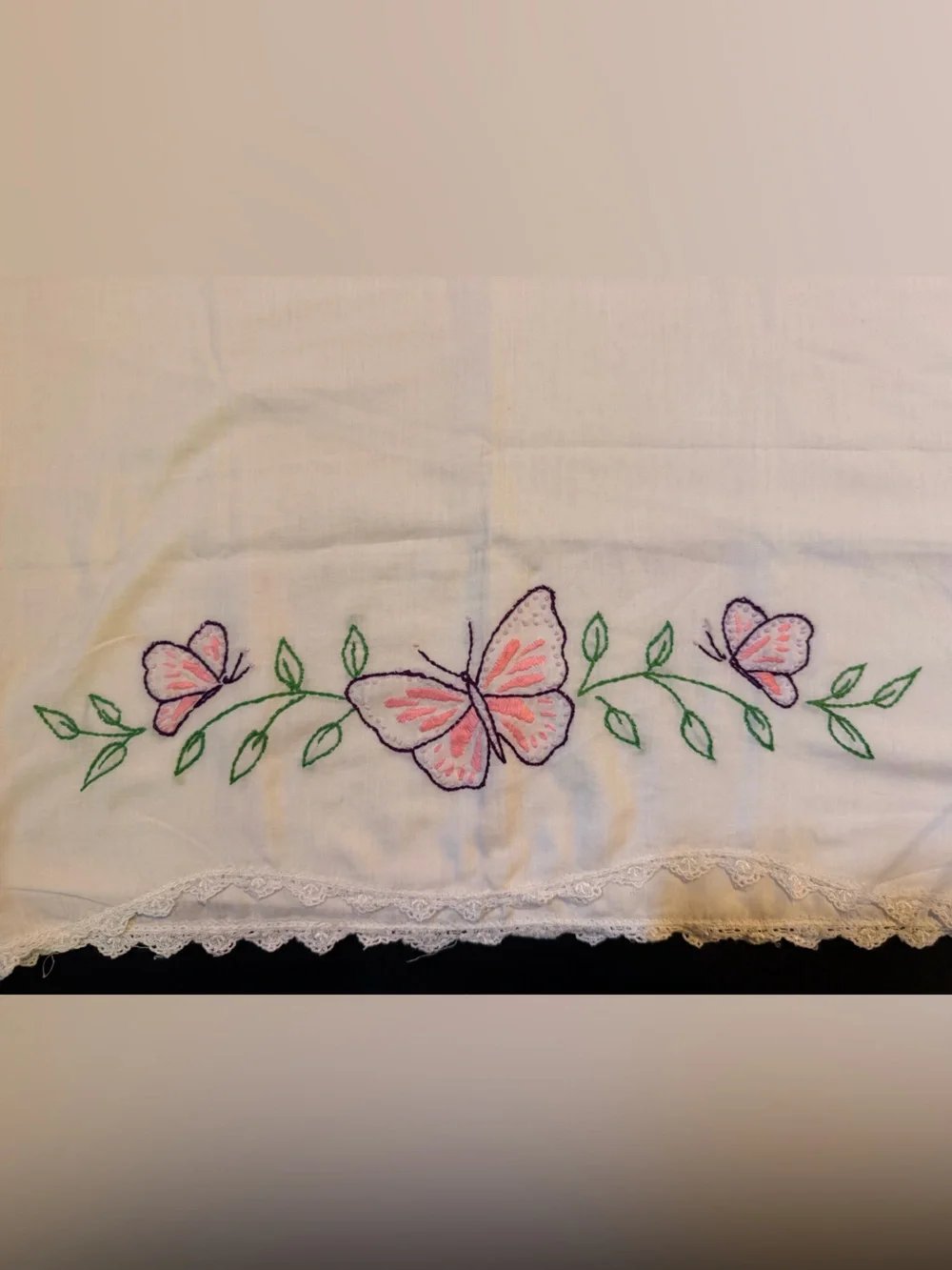 Hand-Embroidered Cream Pillowcase with Pink Floral Detail